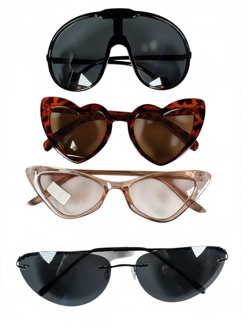 4-Piece Fashion Sunglasses Lot Trendy Shield Heart Cat-Eye Rimless